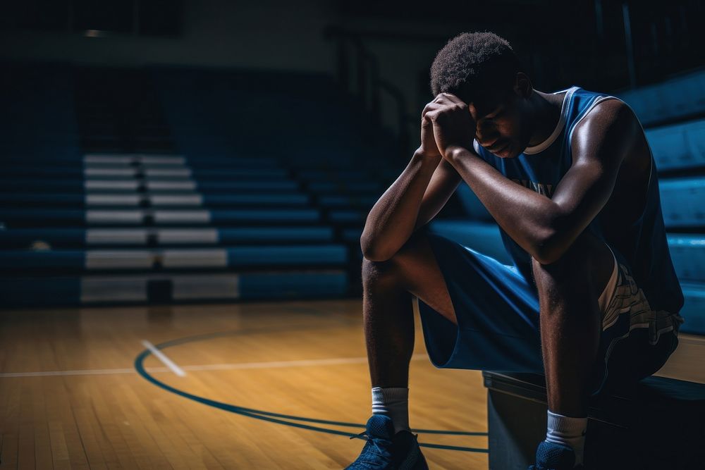 A Tired oung basketball player displaying stress worried sitting tired. AI generated Image by rawpixel.