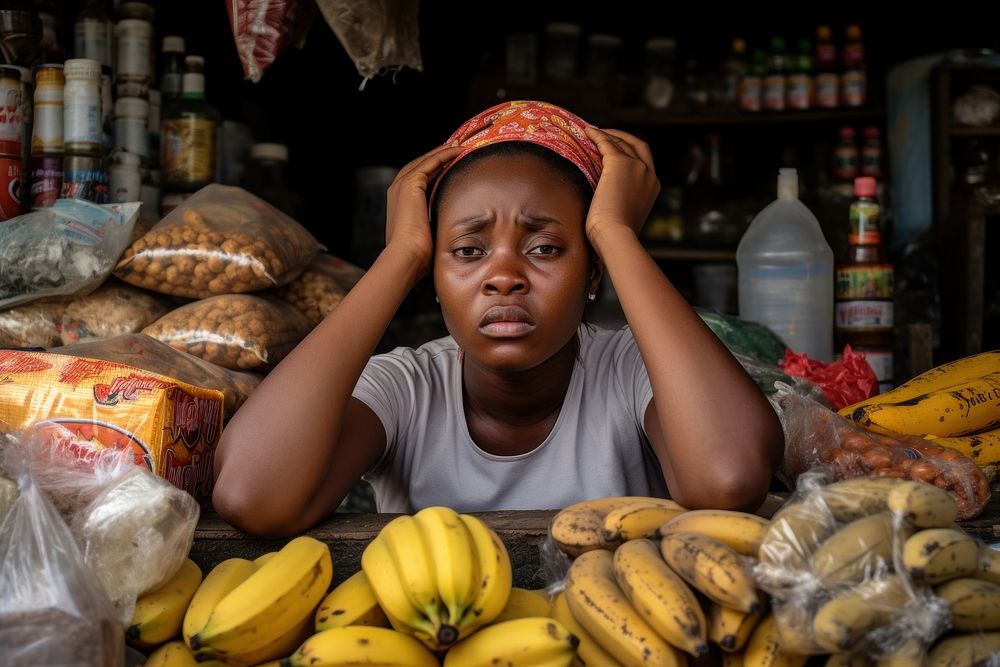 A tried female shopkeeper exhibiting stress market banana store. AI generated Image by rawpixel.