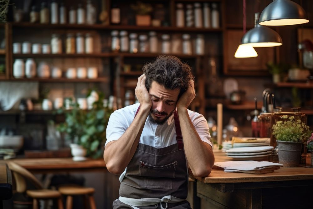 A tried restaurant owner exhibiting stress adult disappointment contemplation. AI generated Image by rawpixel.