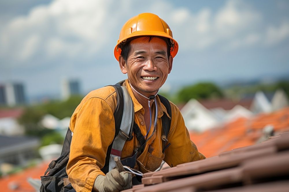 Asian construction worker smiling hardhat helmet. 