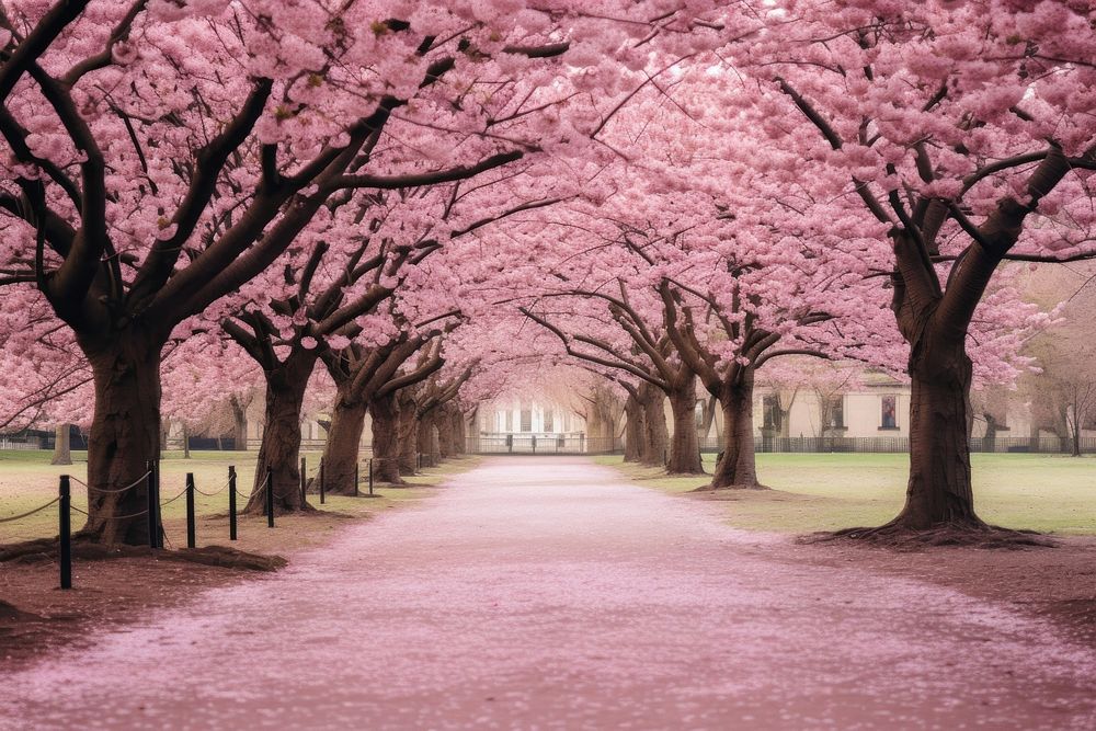 Cherry Blossom Trees In Park blossom park outdoors. 