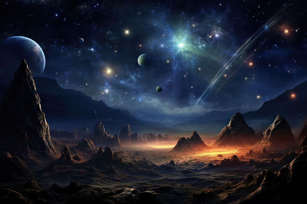 Glowing satellite orbits planets landscape astronomy universe. AI generated Image by rawpixel.