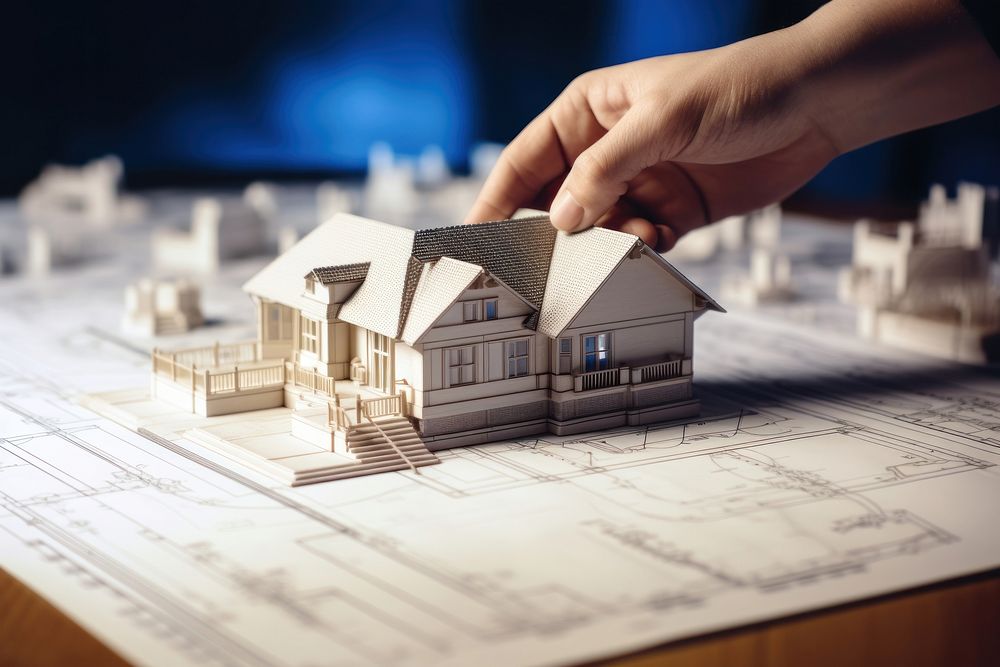 Hand placing a model house architecture investment dollhouse. 