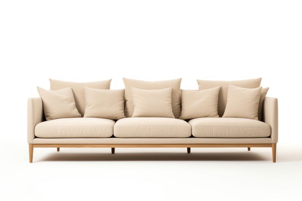 Beige couch furniture cushion pillow. 