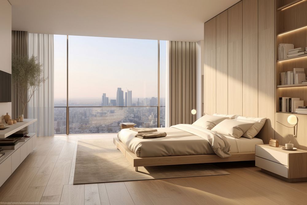 Modern minimal bedroom furniture architecture condominium. AI generated Image by rawpixel.
