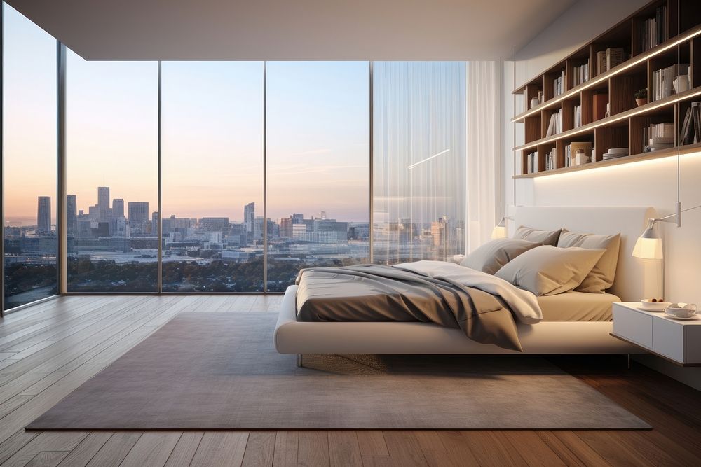 Modern minimal bedroom city architecture cityscape. 