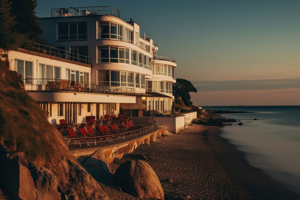 Seaside hotel architecture building outdoors. 