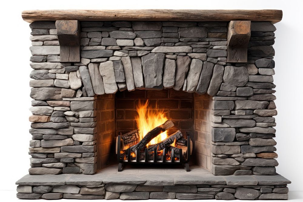 Cozy stone fireplace with burning logs. Warm fire in a rustic stone fireplace. Stone and fire create a cozy atmosphere.…