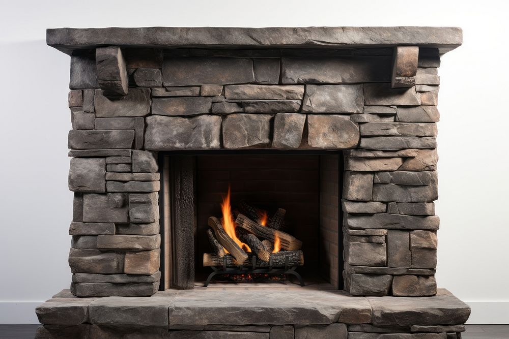 Cozy stone fireplace with logs burning. Stone fireplace exudes warmth. Firewood crackles in the stone fireplace. Perfect for…