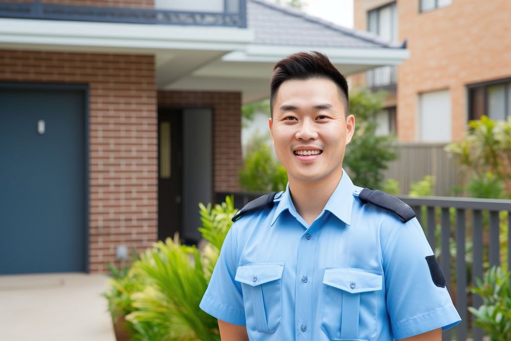 Asian security guard officer smiling uniform. AI generated Image by rawpixel.