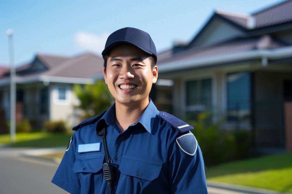 Asian security guard smiling uniform house. AI generated Image by rawpixel.