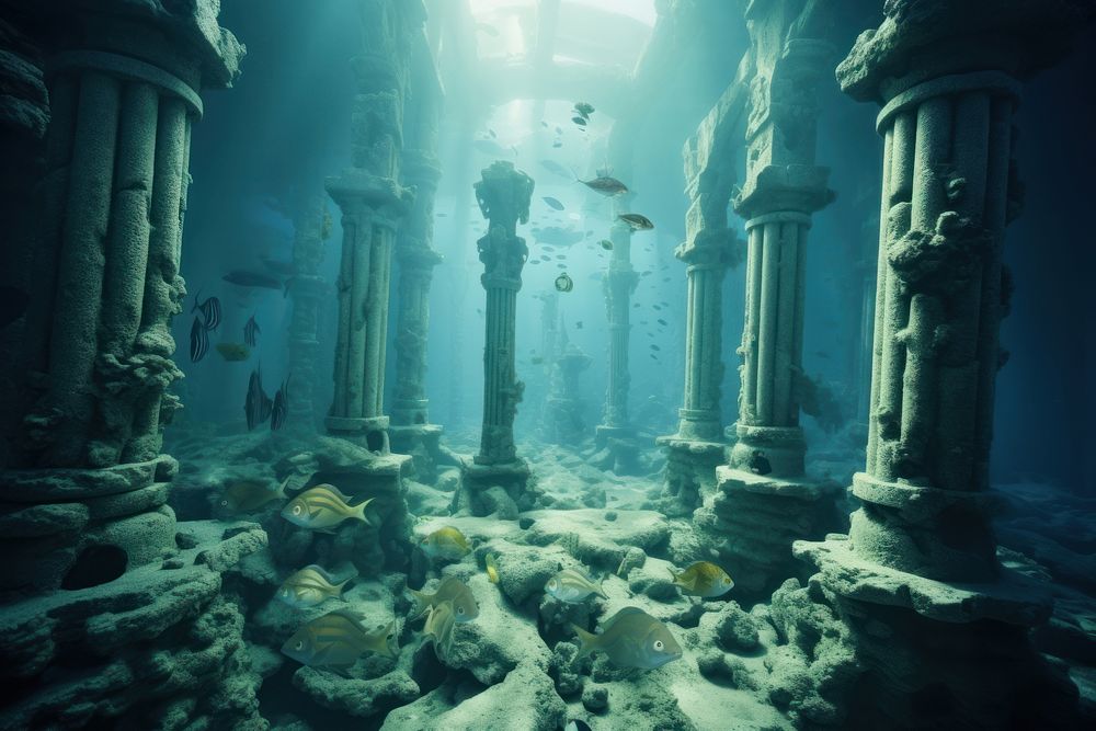 Atlantis backdrop fish underwater swimming. AI generated Image by rawpixel.