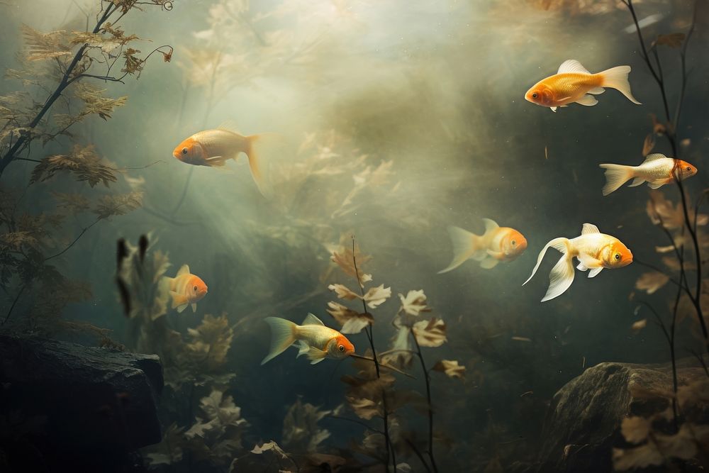 Golden fishes aquarium outdoors swimming. AI generated Image by rawpixel.