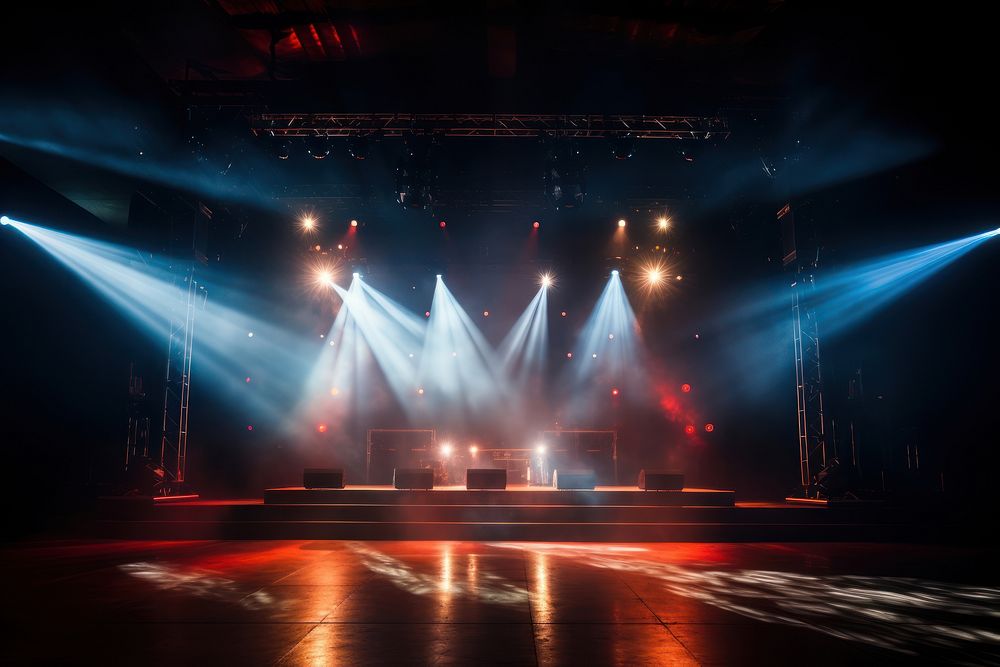 Empty concert stage spotlight illuminated entertainment. 