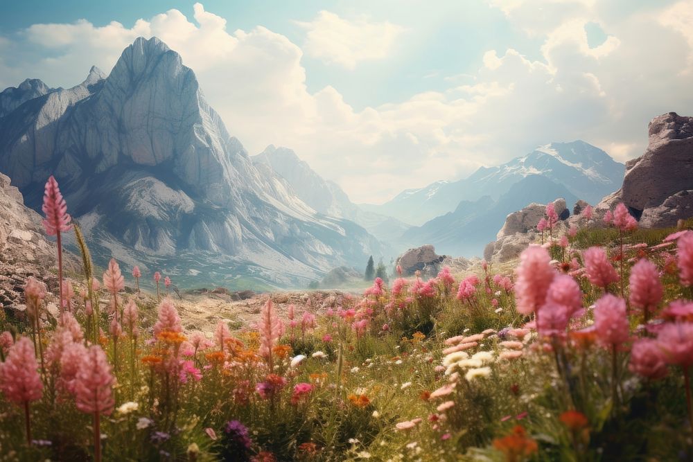 Landscape mountain flower panoramic. AI generated Image by rawpixel.