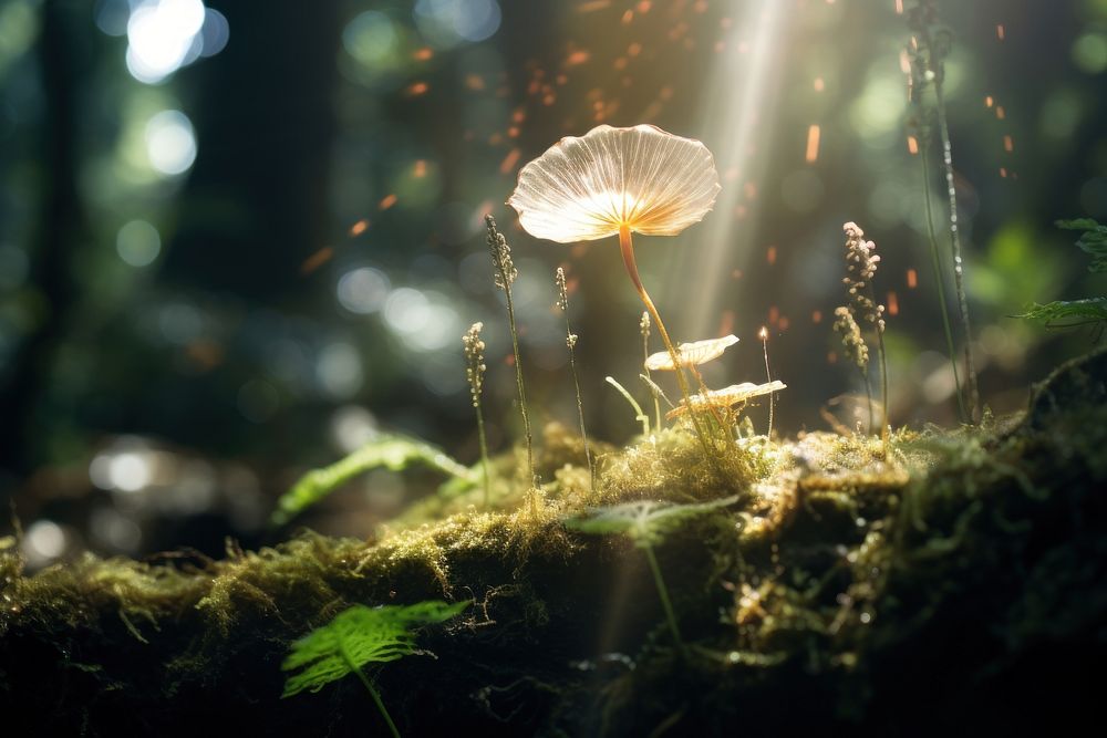 Magic beam mushroom sunlight outdoors. AI generated Image by rawpixel.