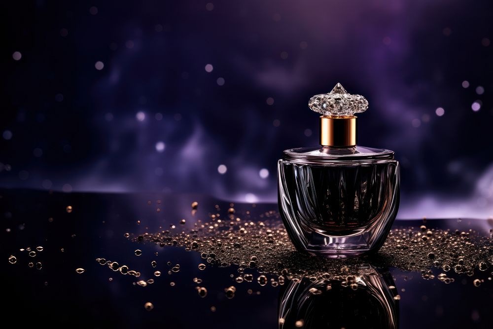 Perfume dark glass bottle drop illuminated cosmetics. 