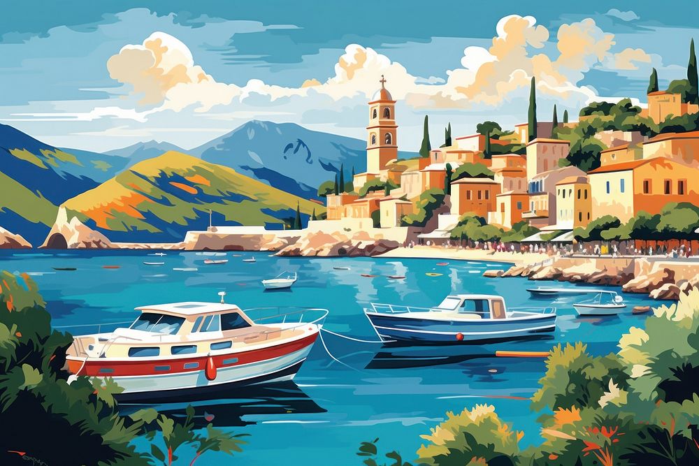 Travel poster illustration waterfront painting outdoors. AI generated Image by rawpixel.
