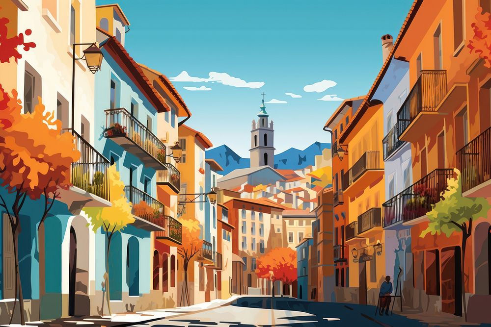 Travel poster illustration street town building. 