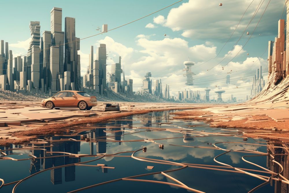 Chrome empty city car architecture landscape. AI generated Image by rawpixel.