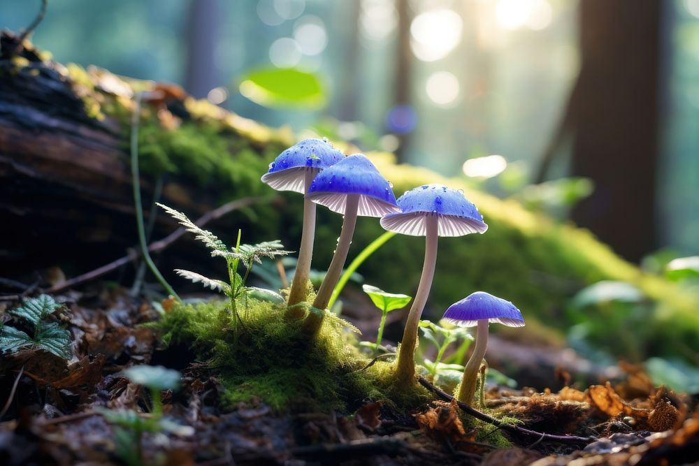 Blue wild flowers mushroom nature forest. AI generated Image by rawpixel.