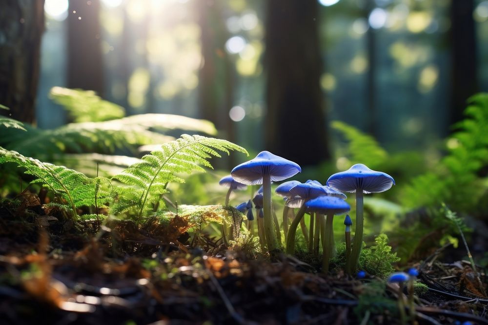 Blue wild flowers mushroom nature forest. AI generated Image by rawpixel.