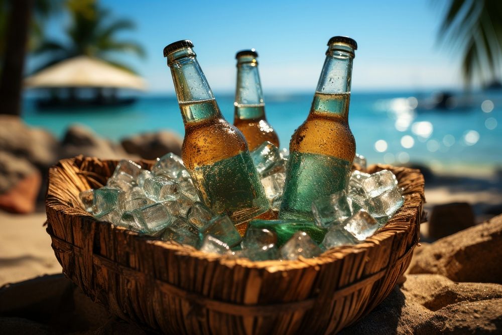 Beer bottles beer outdoors beach. AI generated Image by rawpixel.