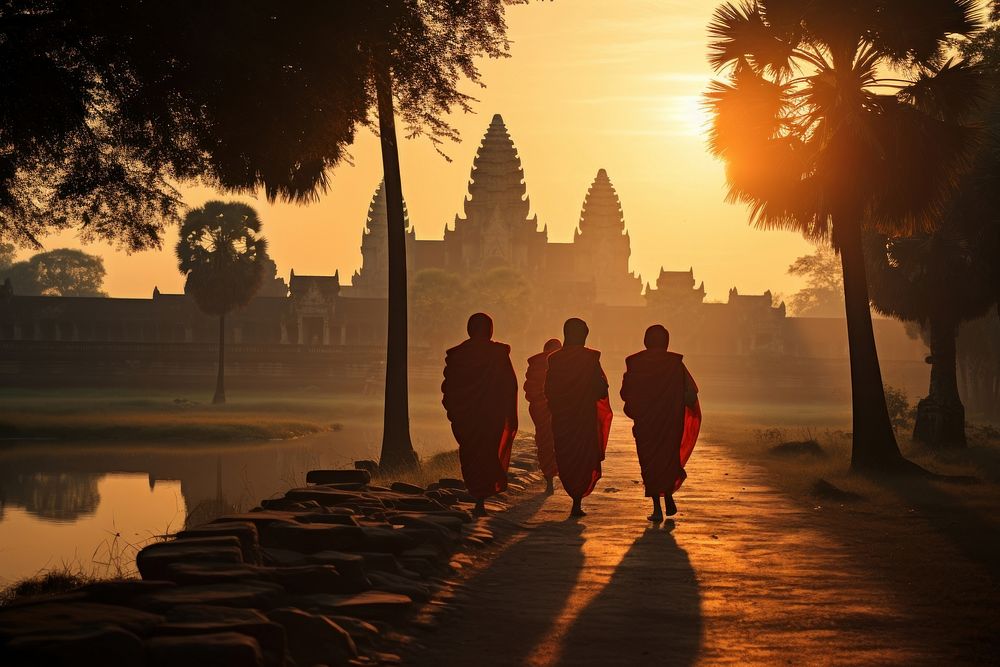 Walking temple monk sun. AI generated Image by rawpixel.