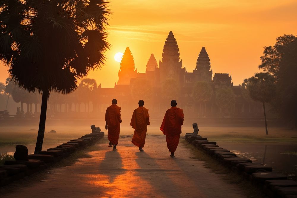 Outdoors walking temple monk. 