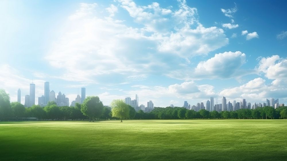 Park landscape, outdoors blue sky. 