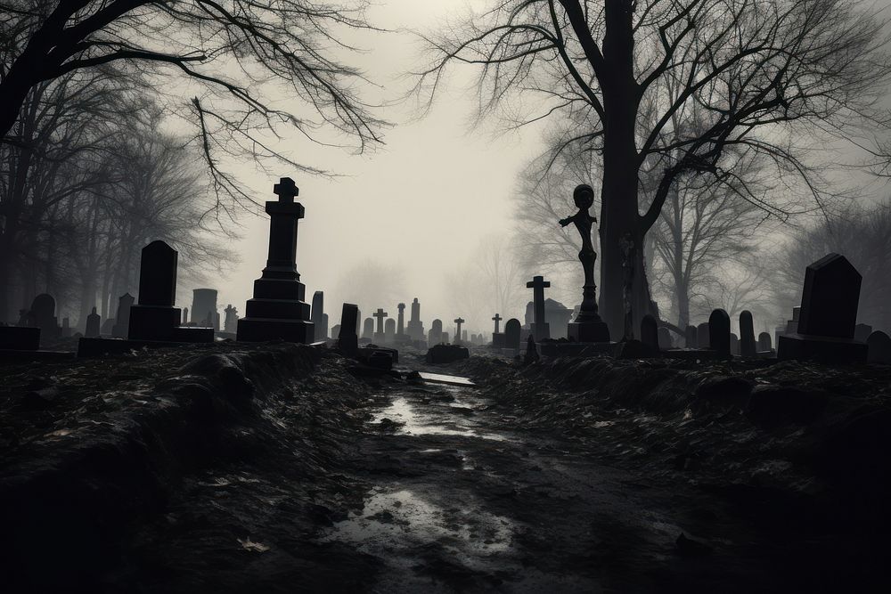 Creepy graveyard tombstone cemetery outdoors. 