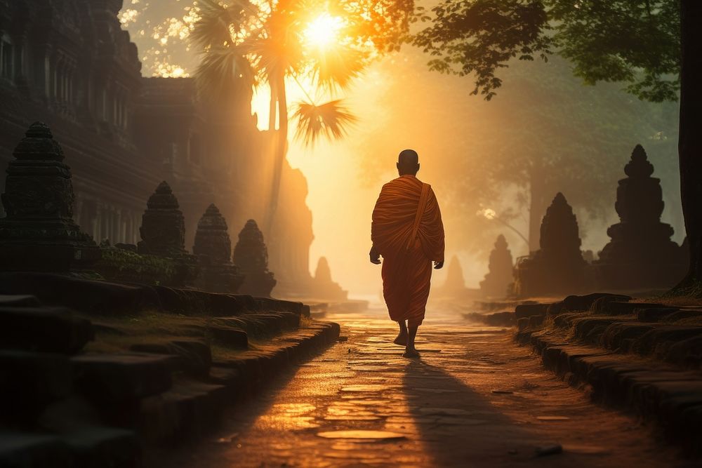 Walking temple adult monk. AI generated Image by rawpixel.