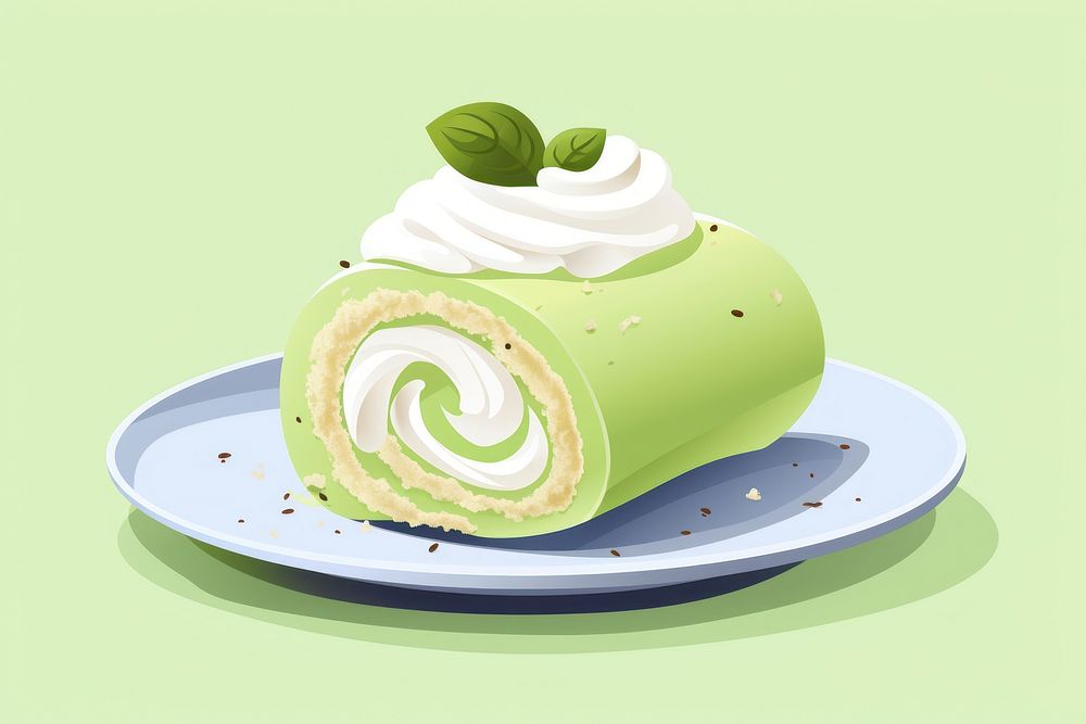 Matcha cream roll cake dessert plate. AI generated Image by rawpixel.