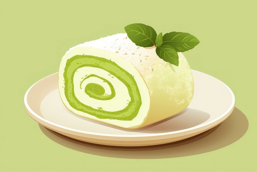 Matcha cream roll dessert plate plant. AI generated Image by rawpixel.