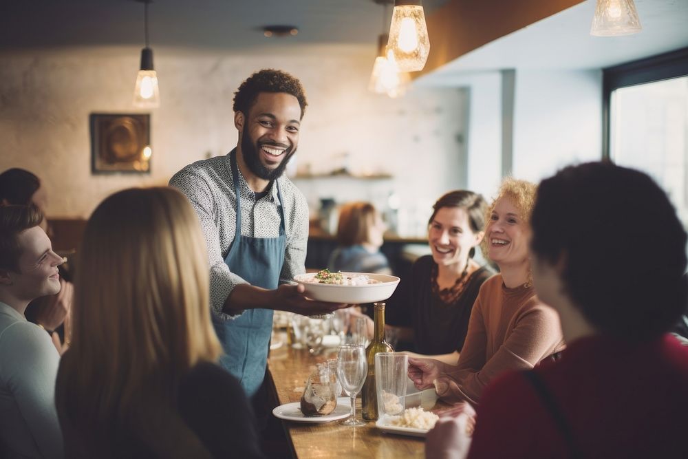 Happy waiter serving food cheerful adult happy. AI generated Image by rawpixel.