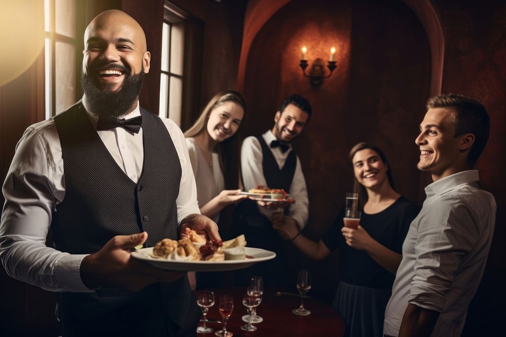 Happy waiter serving food cheerful adult happy. 