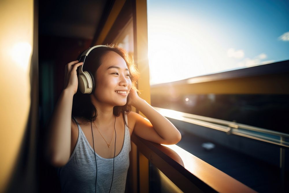 Woman wearing headphones. 