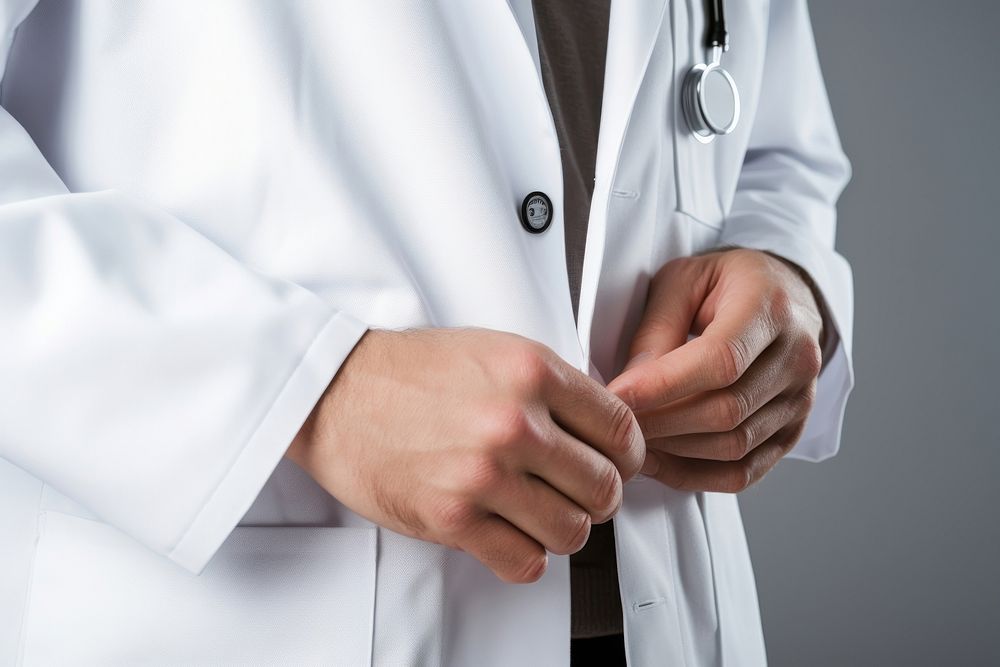 Close-up of a person in a white lab coat buttoning it up. The lab coat suggests a medical or scientific professional…