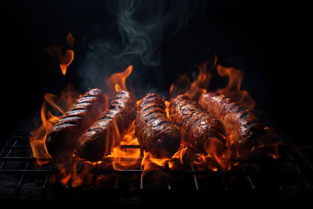 Sausage grilling cooking flame. AI generated Image by rawpixel.