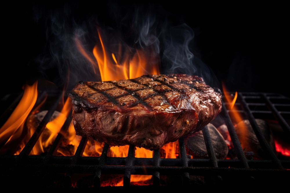 Steak grilling cooking flame. AI generated Image by rawpixel.
