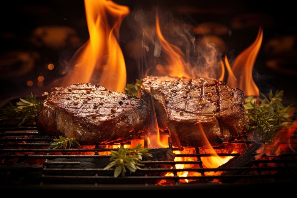 Steaks grilling bonfire cooking. AI generated Image by rawpixel.