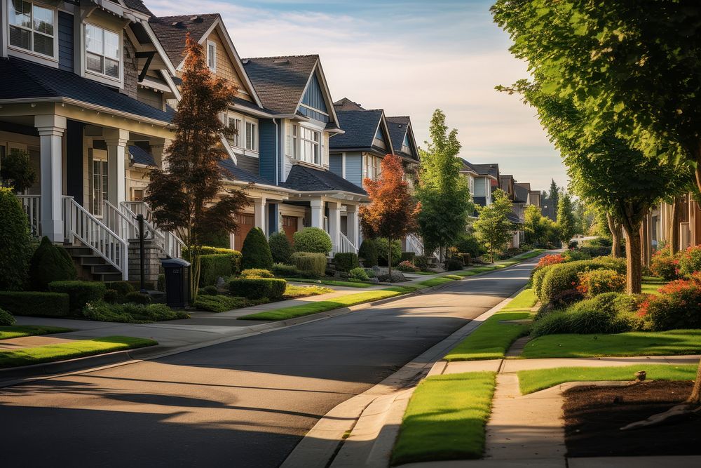 Residential neighborhood street suburb city town. 