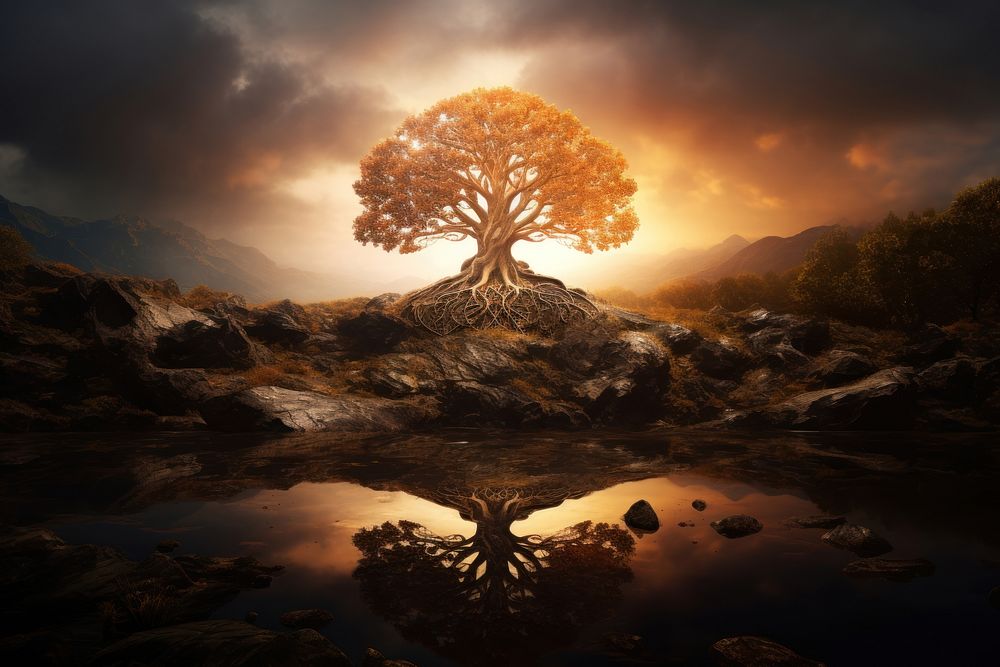 Tree landscape sunlight outdoors. AI generated Image by rawpixel.