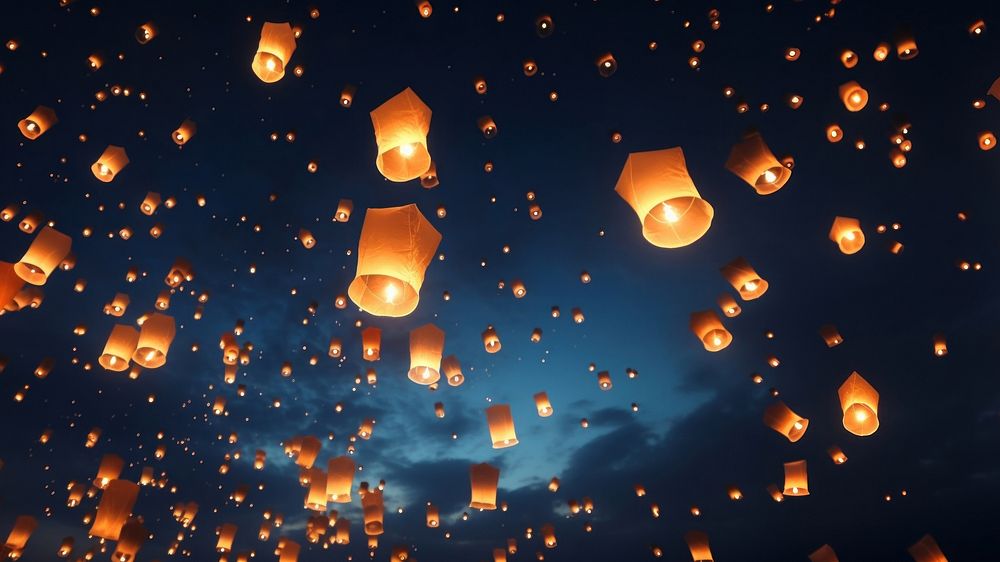 Floating lanterns in night sky. 