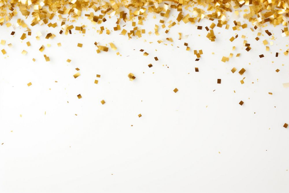 Golden confetti  shiny white background. 