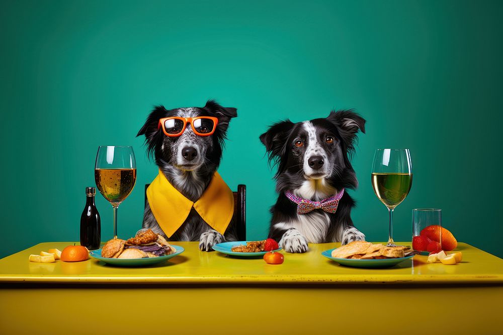 Dogs at dining table. 