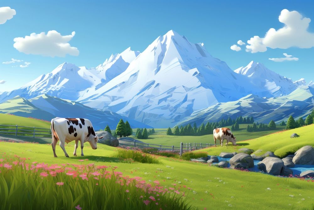 New Zealand grazing cow landscape. AI generated Image by rawpixel.