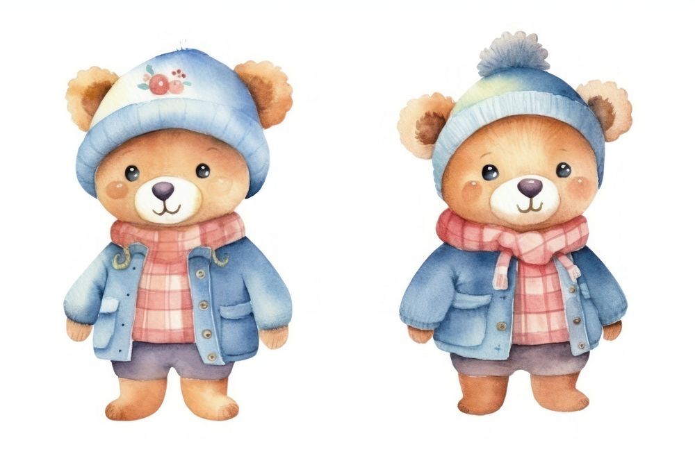 Cute bear winter fashion doll toy white background. 