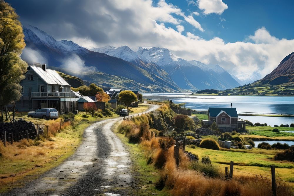 New Zealand village architecture landscape. 