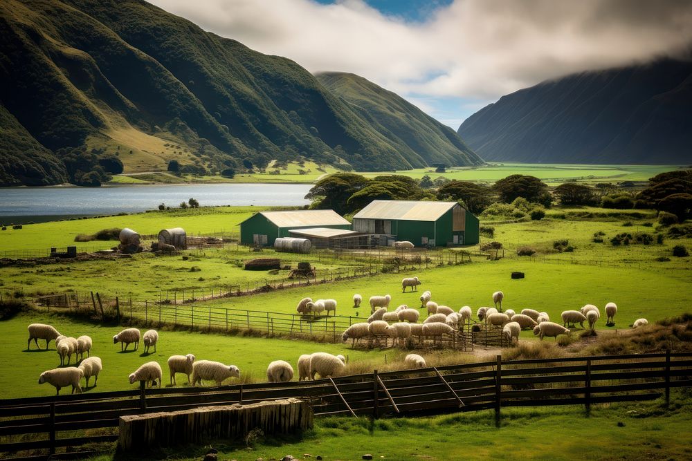 Kiwi farm landscape grassland livestock. AI generated Image by rawpixel.